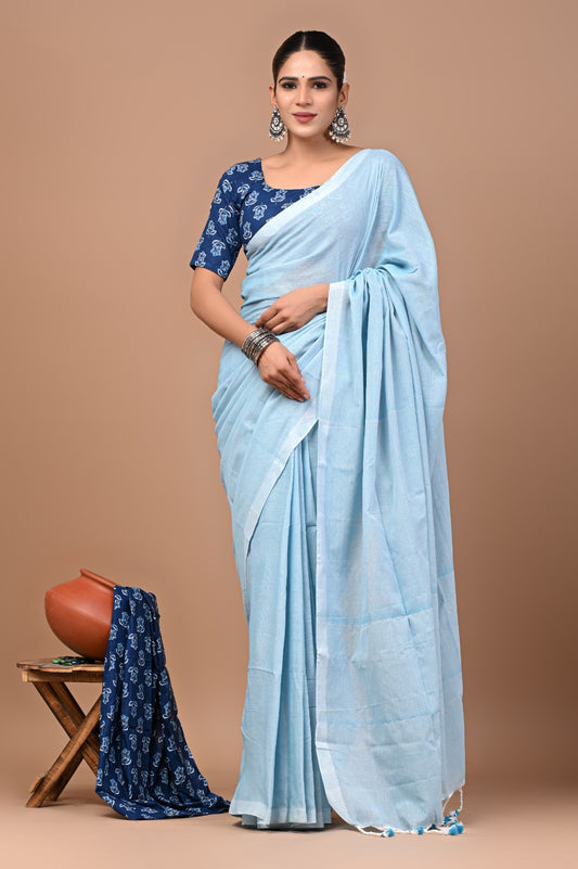 Handloom Cotton Saree With Printed Blouse