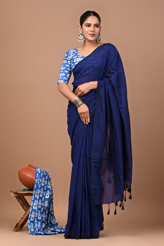 Handloom Cotton Saree With Printed Blouse